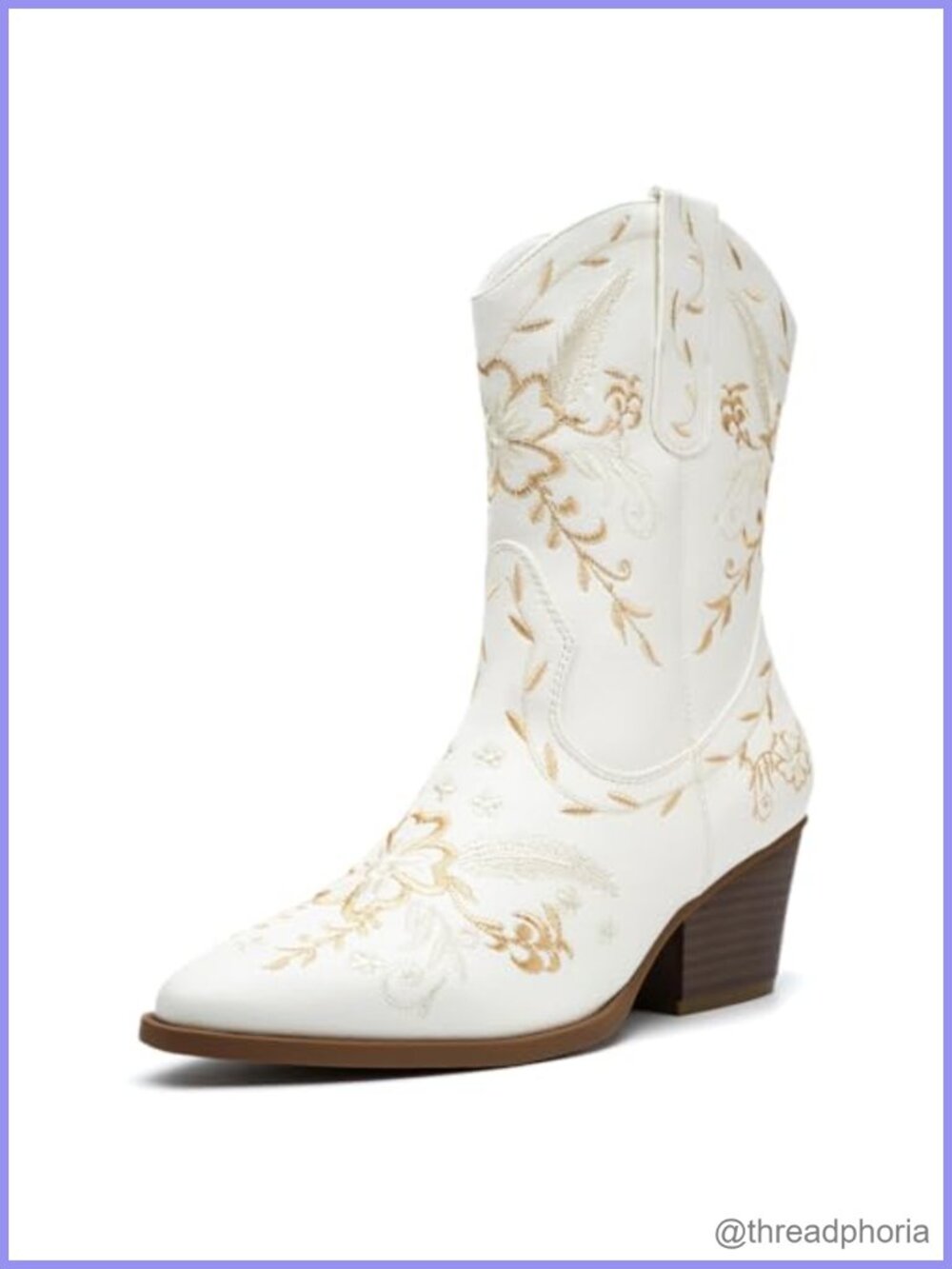 Wide Calf Cowboy Boots Gold Embroidery Mid Calf Chunky Heel Zip